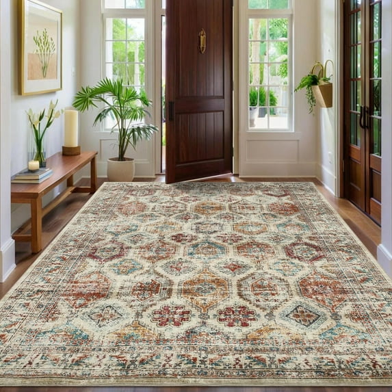 Hasoo Large Indoor Washable Area Rug 10' x 13' Floral Rugs for Living Room Geometric Throw Floor Mats Non-Slip Accent Carpet Colorful