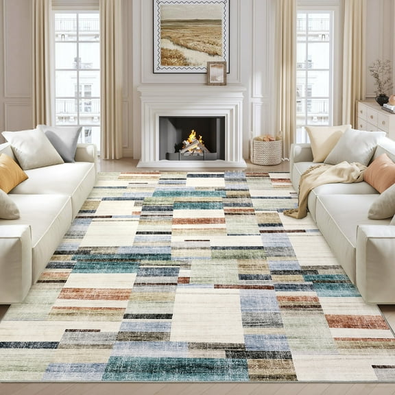 Hasoo Large Living Room Area Rug 10' x 13' Washable Indoor Carpet Red/Teal Washable Modern Plaid Geometric Bordered Rug