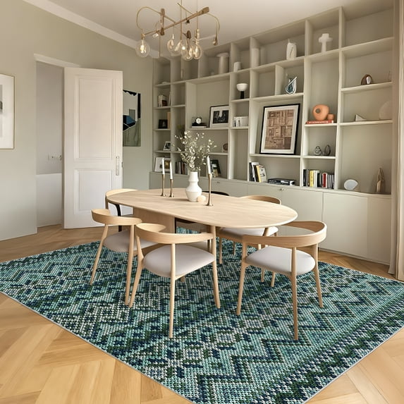 Hasoo Large Living Room Area Rug 9' x 12' Non Slip Indoor Carpet Blue Washable Modern Geometric Rug