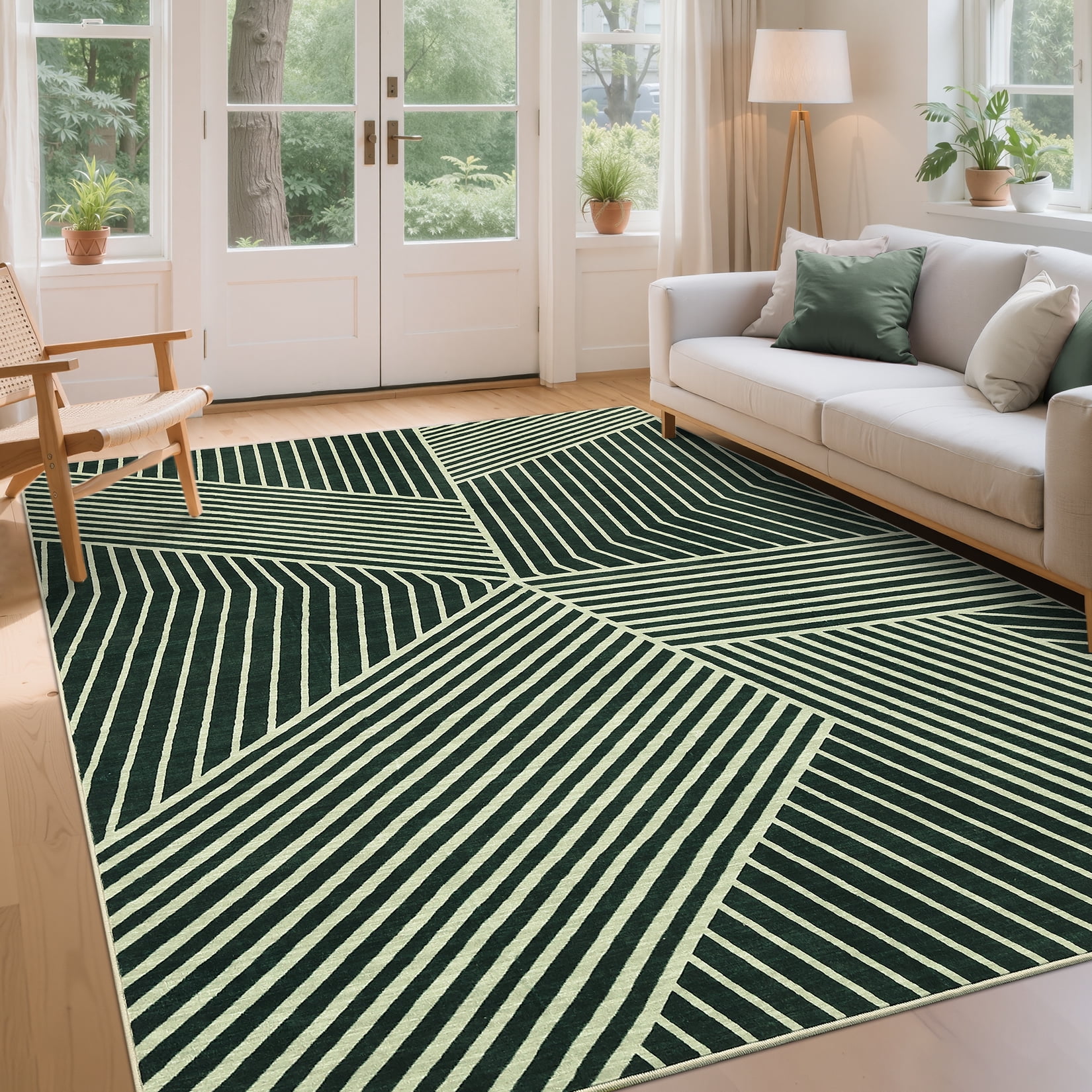 Hasoo Large Living Room Area Rug 9' x 12' Non Slip Indoor Carpet Green Washable Modern Geometric Rug