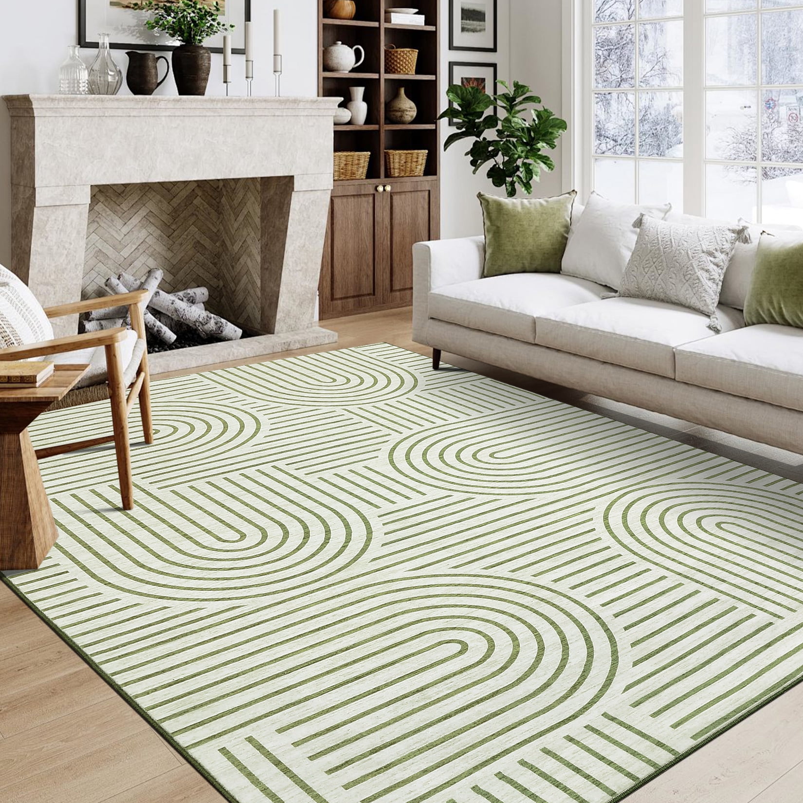 Hasoo Large Living Room Area Rug 9' x 12' Non Slip Indoor Carpet Green Washable Modern Geometric Rug