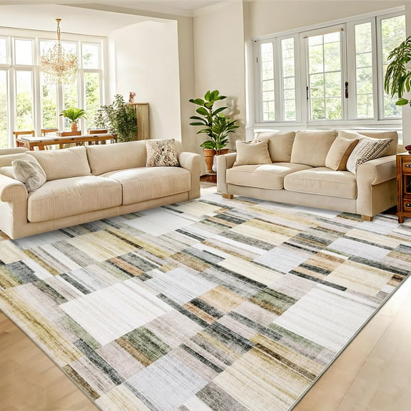 Hasoo Large Living Room Area Rug 9' x 12' Non Slip Indoor Carpet Khaki Washable Modern Plaid Geometric Bordered Rug