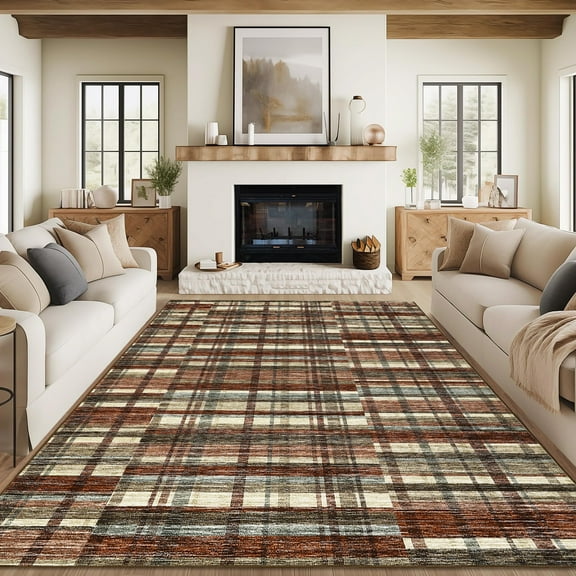 Hasoo Large Modern Area Rug 10' x 13' Rugs for Living Room Plaid Geometric Pattern Carpet, Red