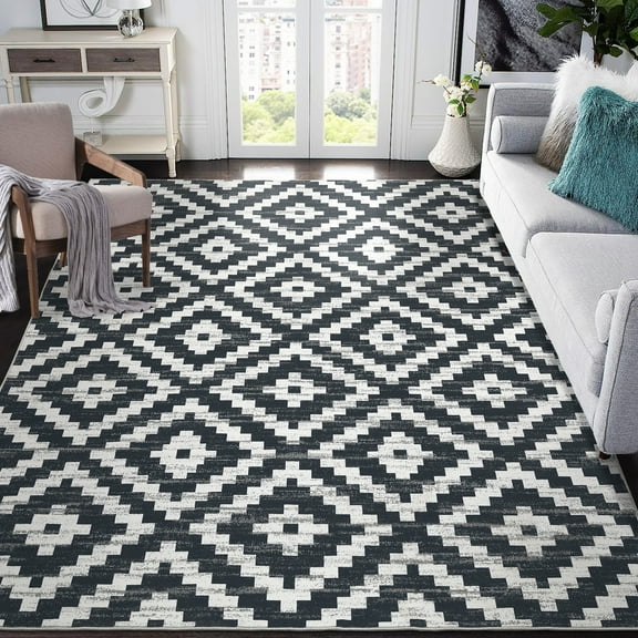 Hasoo Large Modern Area Rug 9' x 12' Rugs for Living Room Geometric Pattern Carpet, Black