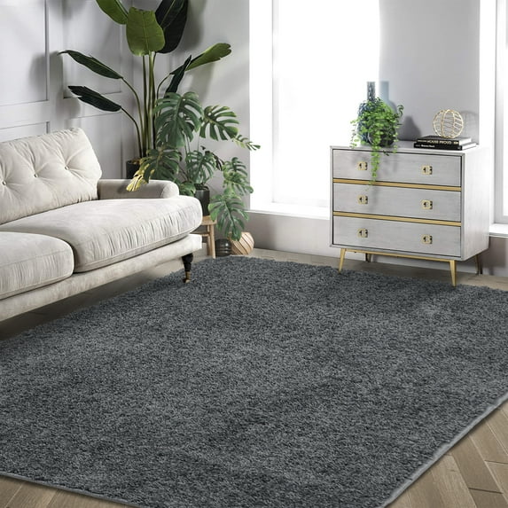 Hasoo Large Shag Area Rug, 9' x 12' Luxury Soft Shaggy Rug, Plush Fluffy Indoor Floor Carpet for Bedroom, Dark Gray