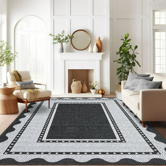 Hasoo Large Washable 9' x 12' Area Rug for Living Room Bordered Rug Scalloped Geometric Pattern Non-Slip Indoor Decor Carpet, Black
