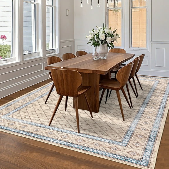 Hasoo Large Washable Beige Area Rugs 10'x 13' Rug for Living Room Checkered Geometric Modern Non Slip Throw Rugs