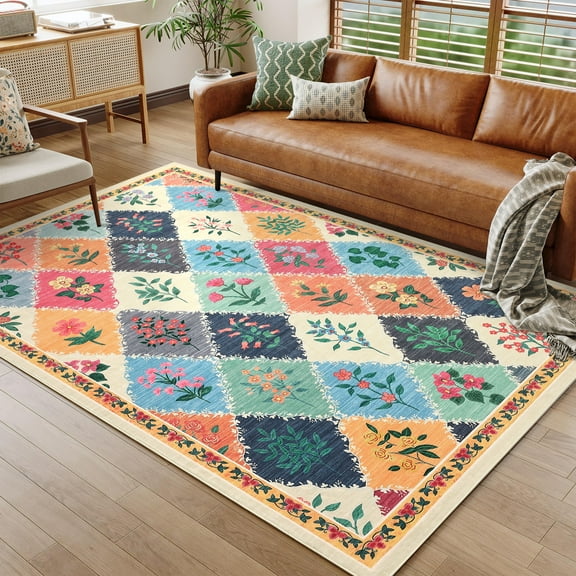 Hasoo Large Washable Orange Area Rugs 10'x 13' Rug for Living Room Floral Modern Trellis Non Slip Throw Rugs