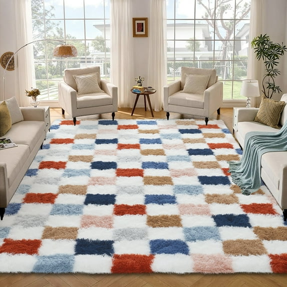 Hasoo Large Washable Rug 10' x 13' Area Rug for Living Room Modern Plaid Fluffy Ultra-Soft High Pile Non Slip Neutral Indoor Decor Carpet, Red/Blue