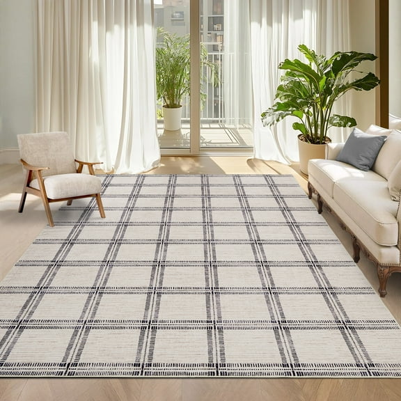 Hasoo Large Washable Rug 10' x 13' Area Rug for Living Room Modern Plaid Non Slip Neutral Indoor Decor Carpet, Beige