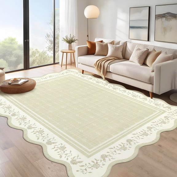 Hasoo Large Washable Rug 10' x 13' Area Rug for Living Room Scalloped Non-Slip Neutral Indoor Decor Floral Printed Carpet, Beige
