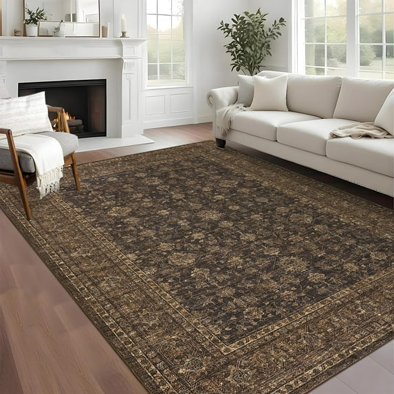 Hasoo Large Washable Rug 10' x 13' Area Rug for Living Room Vintage Distressed Floral Non-Slip Neutral Indoor Decor Carpet, Brown