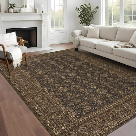 Hasoo Large Washable Rug 10' x 13' Area Rug for Living Room Vintage Distressed Floral Non-Slip Neutral Indoor Decor Carpet, Brown