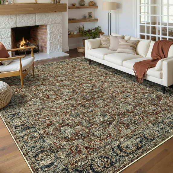 Hasoo Large Washable Rug 10' x 13' Area Rug for Living Room Vintage Floral Non-Slip Neutral Indoor Decor Carpet, Red