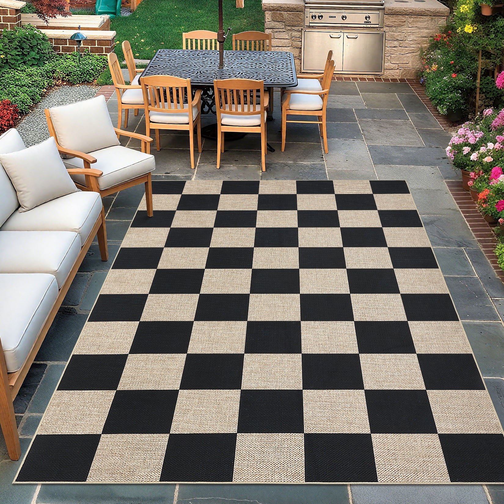 Hasoo Large Washable Rug 9' x 12' Area Rug for Living Room Easy Jute Checker Non-Slip Neutral Indoor/Outdoor Decor Carpet, Black/White