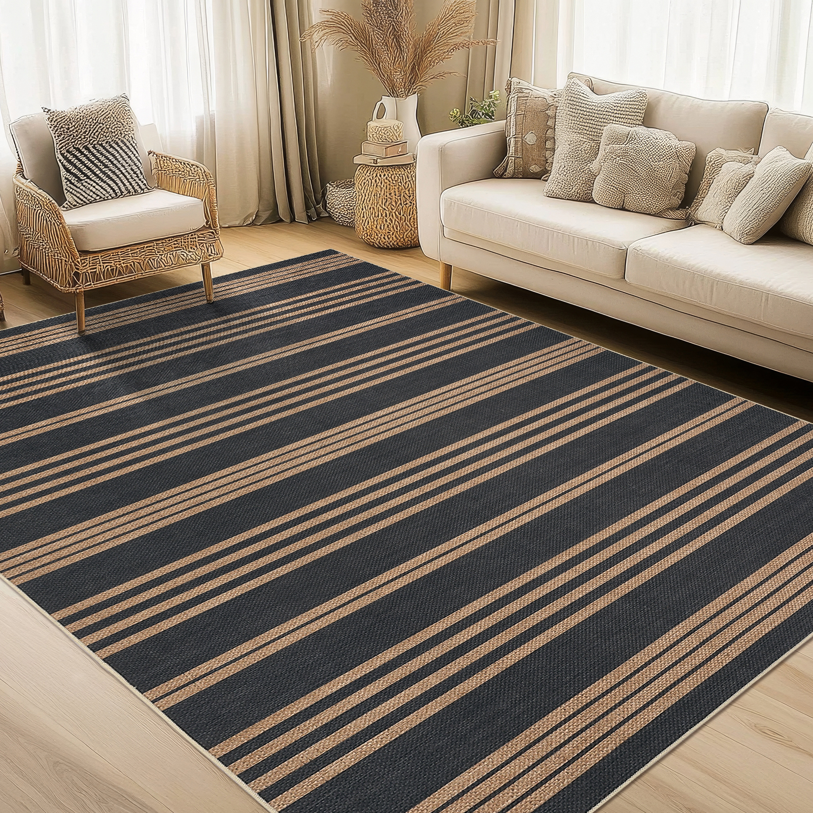 Hasoo Large Washable Rug 9' x 12' Area Rug for Living Room Easy Jute Striped Non-Slip Neutral Indoor/Outdoor Decor Carpet, Brown/Black