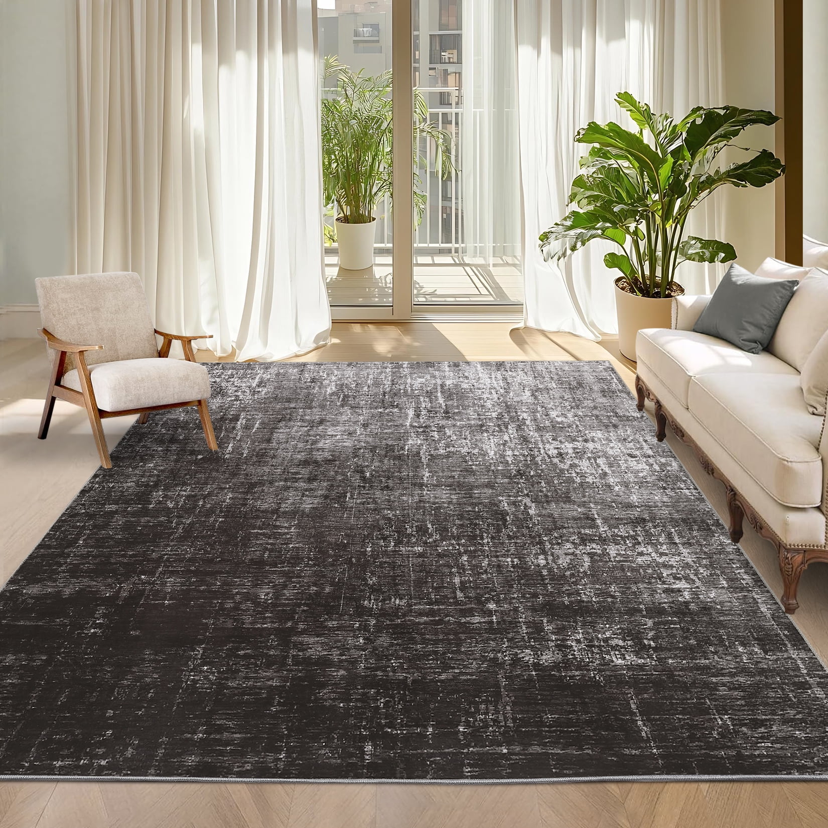 Hasoo Large Washable Rug 9' x 12' Area Rug for Living Room Modern Abstract Non-Slip Neutral Indoor Decor Carpet, Black Gray
