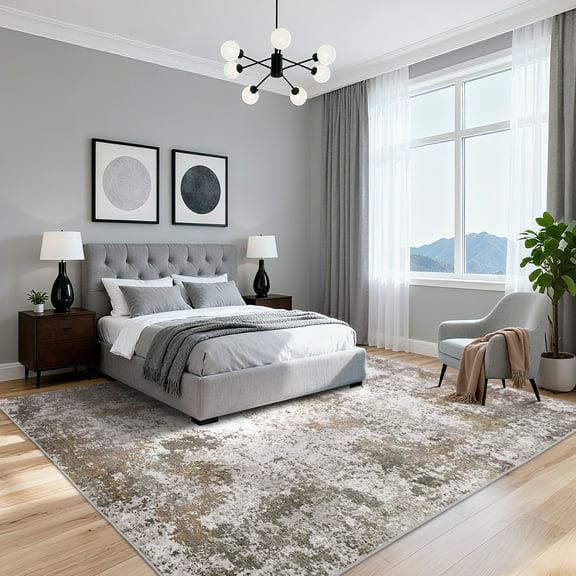 Hasoo Large Washable Rug 9' x 12' Area Rug for Living Room Modern Abstract Non-Slip Neutral Indoor Decor Carpet, Brown