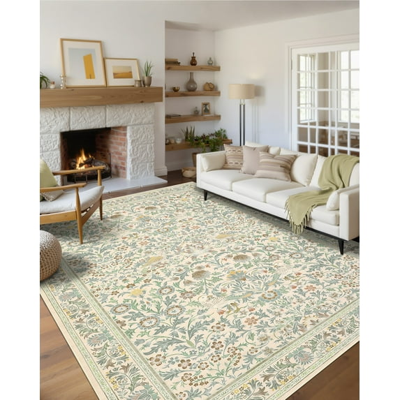 Hasoo Large Washable Rug 9' x 12' Area Rug for Living Room Modern Floral Botanical Bird Non-Slip Neutral Indoor Decor Carpet, Beige