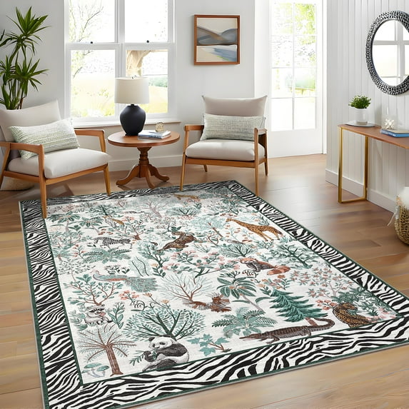 Hasoo Large Washable Rug 9' x 12' Area Rug for Living Room Modern Floral Jungle Plant Animal Non-Slip Neutral Indoor Decor Carpet, Beige
