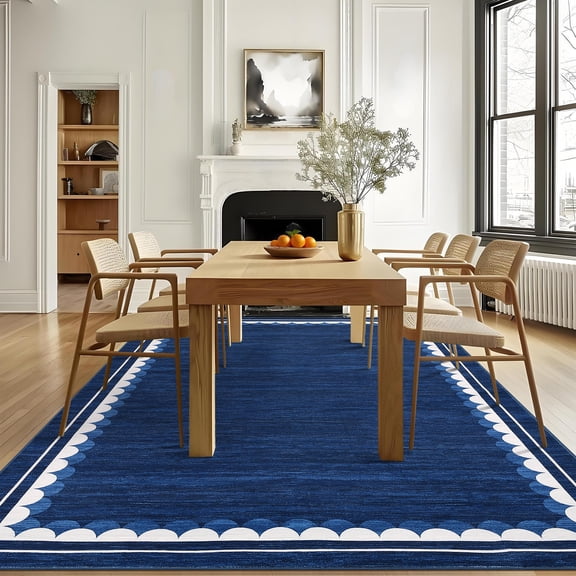 Hasoo Large Washable Rug 9' x 12' Area Rug for Living Room Modern Geometric Border Non Slip Neutral Indoor Decor Carpet, Blue
