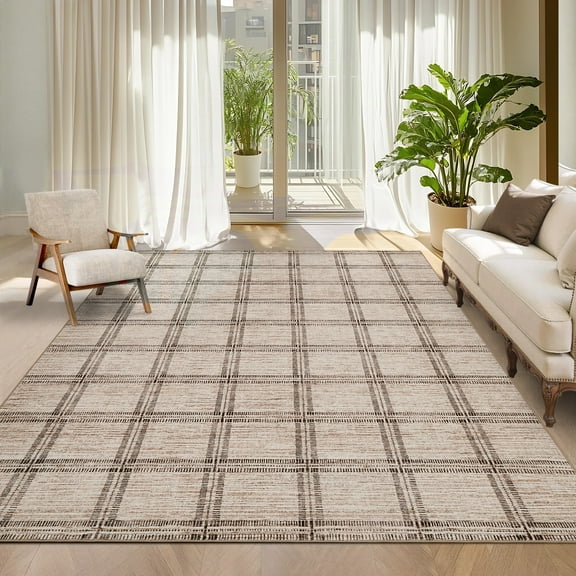 Hasoo Large Washable Rug 9' x 12' Area Rug for Living Room Modern Plaid Non Slip Neutral Indoor Decor Carpet, Camel
