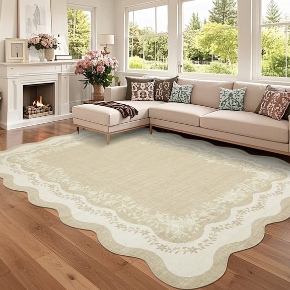 Hasoo Large Washable Rug 9' x 12' Area Rug for Living Room Scalloped Non-Slip Neutral Indoor Decor Floral Printed Carpet, Beige