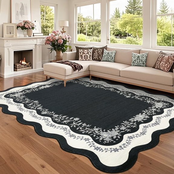 Hasoo Large Washable Rug 9' x 12' Area Rug for Living Room Scalloped Non-Slip Neutral Indoor Decor Floral Printed Carpet, Black