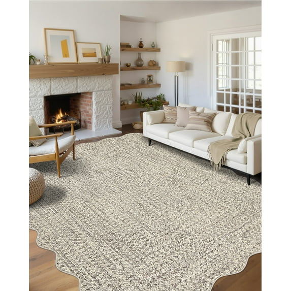 Hasoo Large Washable Rug 9' x 12' Area Rug for Living Room Scalloped Non-Slip Neutral Indoor Decor Printed Carpet with Braided Pattern, Beige