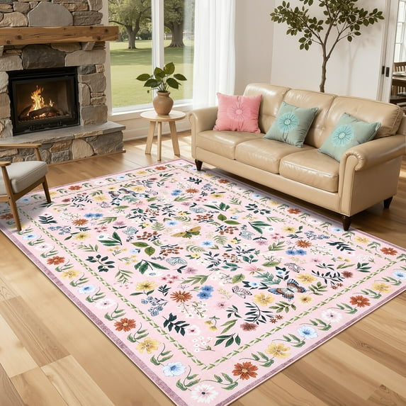 Hasoo Large Washable Rug 9' x 12' Area Rug for Living Room Vintage Floral Non Slip Neutral Indoor Decor Carpet, Pink