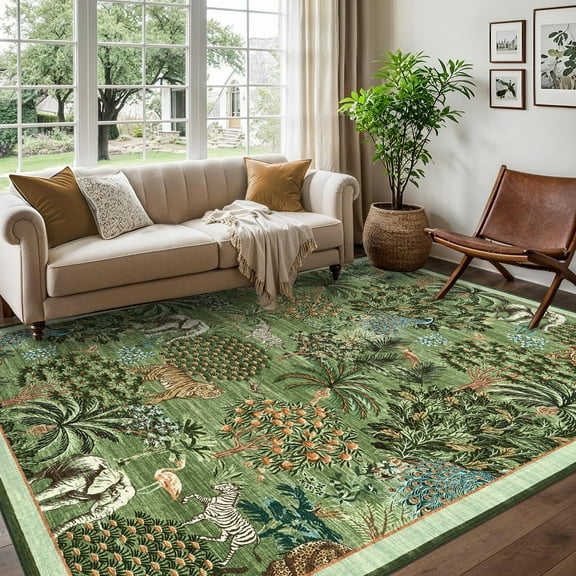 Hasoo Light Green 8x10 Jungle Rugs for Living Room Washable Non Slip Forest Anmial Print Bedroom Indoor Modern Carpet