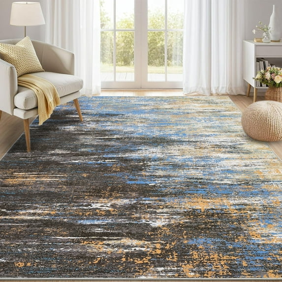Hasoo Living Room Area Rug 5' x 7' Abstract Rug for Bedroom Stain-Resistant Washable Indoor Carpet, Blue/Brown