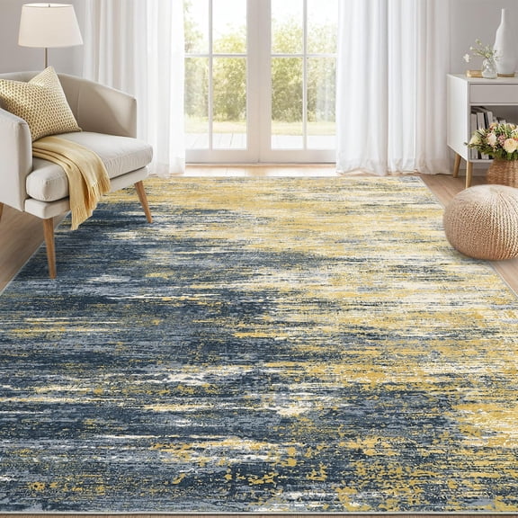 Hasoo Living Room Area Rug 5' x 7' Abstract Rug for Bedroom Stain-Resistant Washable Indoor Carpet, Gray/Yellow