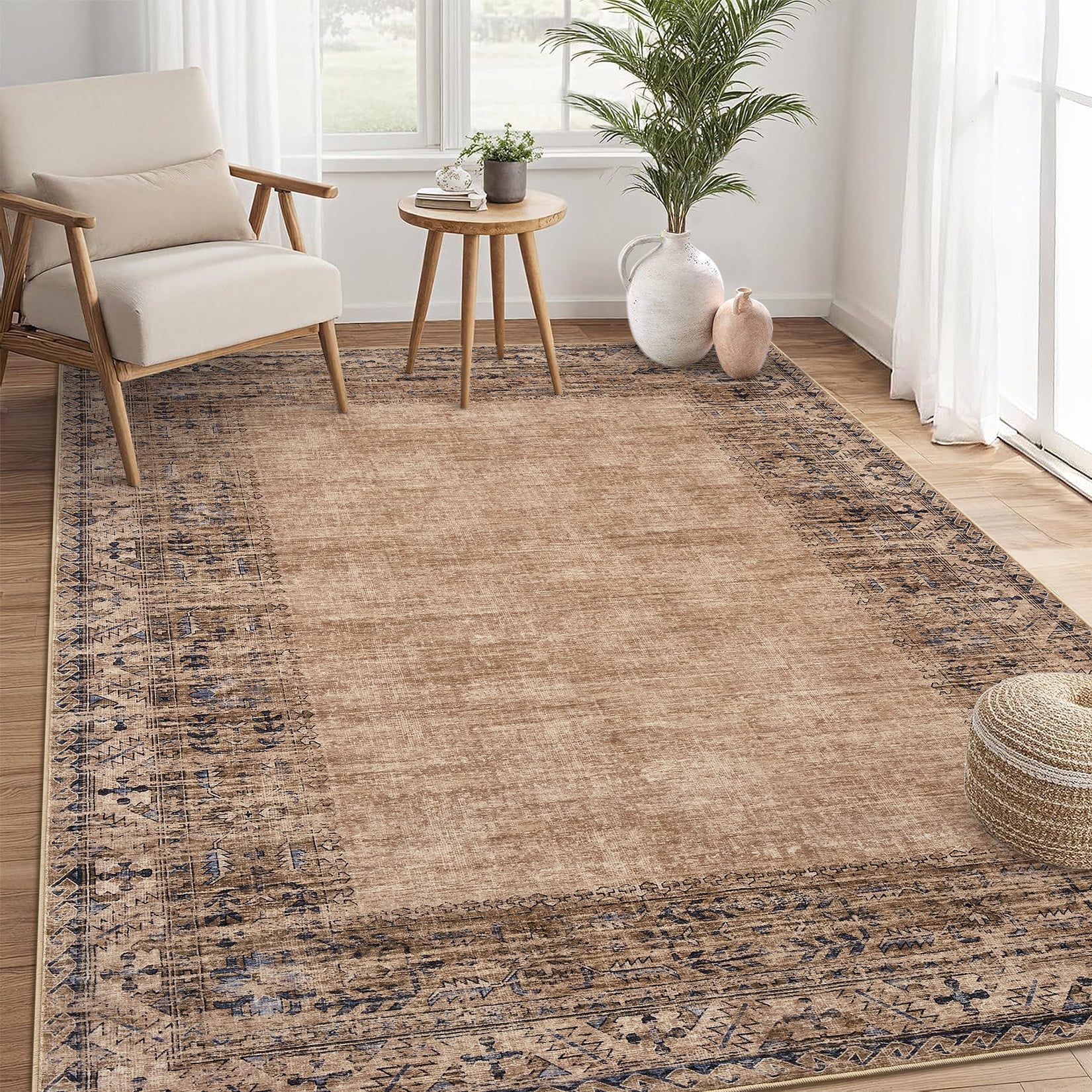 Hasoo Living Room Area Rug 5' x 7' Border Rug for Bedroom Stain-Resistant Washable Indoor Carpet, Brown