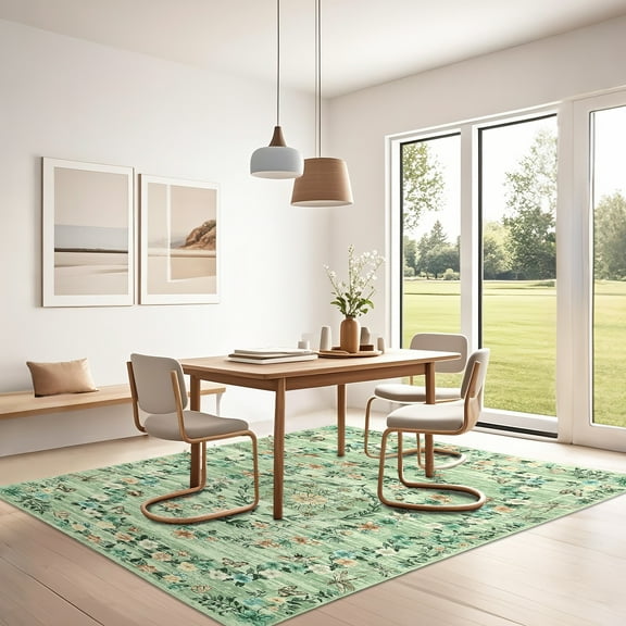 Hasoo Living Room Area Rug 5' x 7' Butterfly Floral Rug for Bedroom Stain-Resistant Washable Indoor Carpet, Green