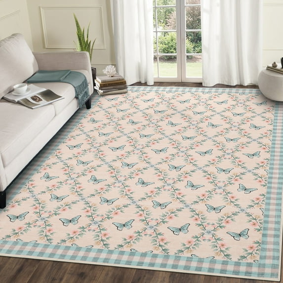 Hasoo Living Room Area Rug 5' x 7' Butterfly Geometric Rug for Bedroom Stain-Resistant Washable Indoor Carpet, Pink/Blue