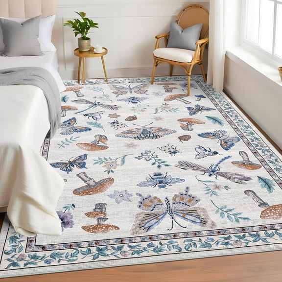 Hasoo Living Room Area Rug 5' x 7' Insect Floral Rug for Bedroom Stain-Resistant Washable Indoor Carpet, Beige