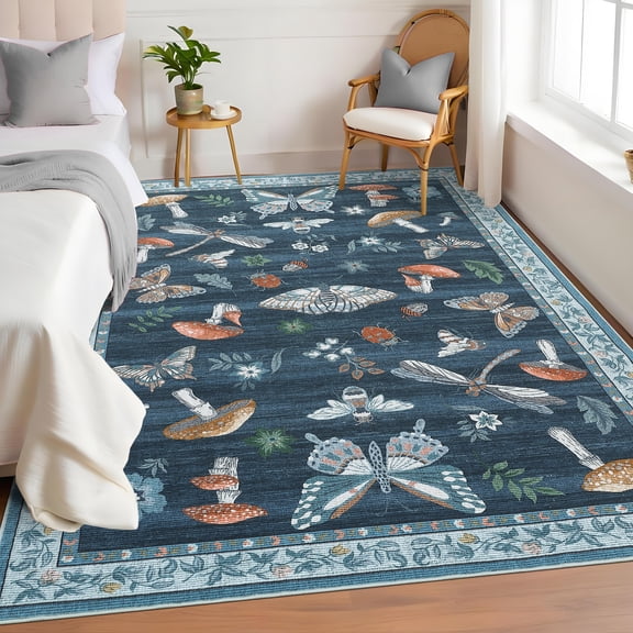 Hasoo Living Room Area Rug 5' x 7' Insect Floral Rug for Bedroom Stain-Resistant Washable Indoor Carpet, Blue