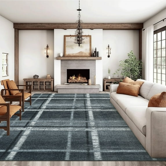 Hasoo Living Room Area Rug Polyester Black Gray Geometric Indoor Carpet Waterproof Foldable, 5' x 7'