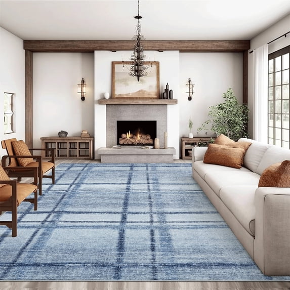 Hasoo Living Room Area Rug Polyester Blue Geometric Indoor Carpet Waterproof Foldable, 5' x 7'