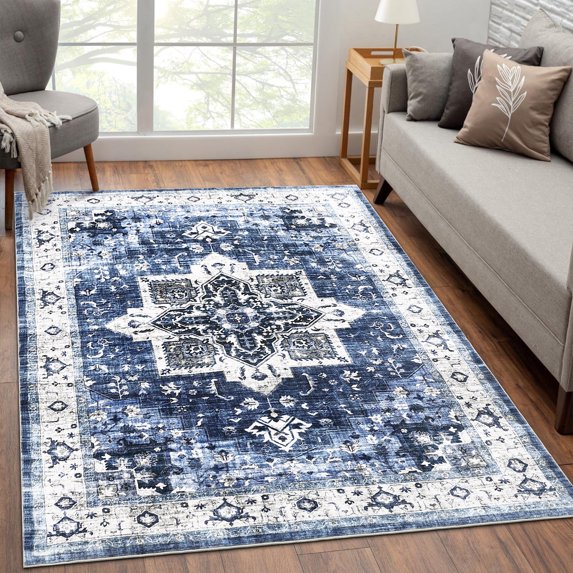 Hasoo Machine Washable Area Rug 6x9 Vintage Persian Distressed Rug Retro Medallion Boho Rug Floral Tribal Aesthetic Indoor Carpet Non-Slip Low Pile Accent Mat Foldable Thin Rug Grey