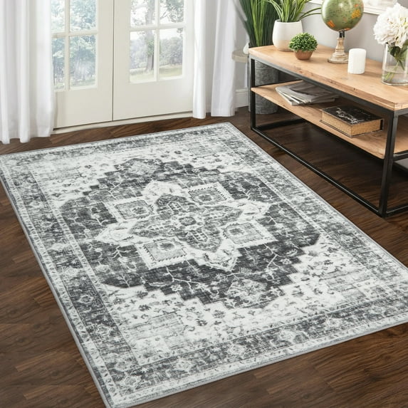 Hasoo Machine Washable Area Rug 6x9 Vintage Persian Distressed Rug Retro Medallion Boho Rug Floral Tribal Aesthetic Indoor Carpet Non-Slip Low Pile Accent Mat Foldable Thin Rug Grey