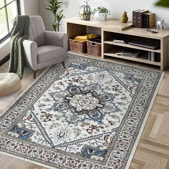 Hasoo Machine Washable Large Area Rug 8' x 10' Vintage Rug for Living Room Low Pile Non-Slip Indoor Carpet for Bedroom, Gray/Brown