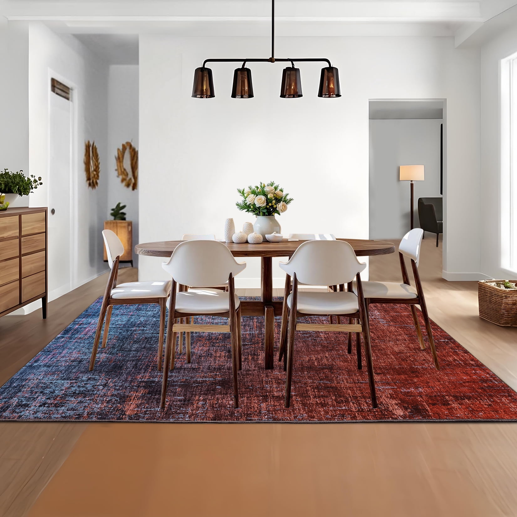 Hasoo Modern Abstract Area Rug for Living Room Washable 5' x 7' Non Shedding Neutral Indoor Decor Carpet, Red/Blue