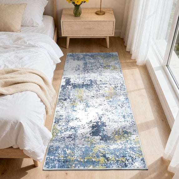 Hasoo Modern Abstract Runner Washable 2' x 6' Throw Rug for Hallway Enterway Neutral Indoor Blue/Yellow Carpet