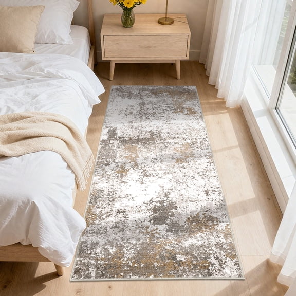 Hasoo Modern Abstract Runner Washable 2' x 6' Throw Rug for Hallway Enterway Neutral Indoor Brown Carpet