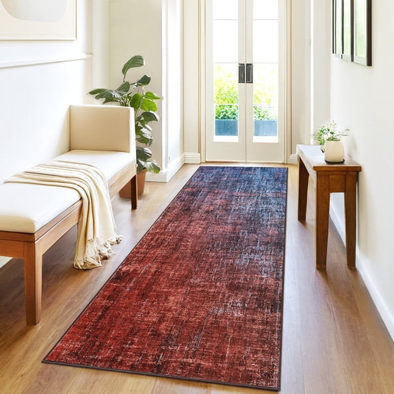 Hasoo Modern Abstract Runner Washable 2' x 6' Throw Rug for Hallway Enterway Neutral Indoor Red/Blue Carpet