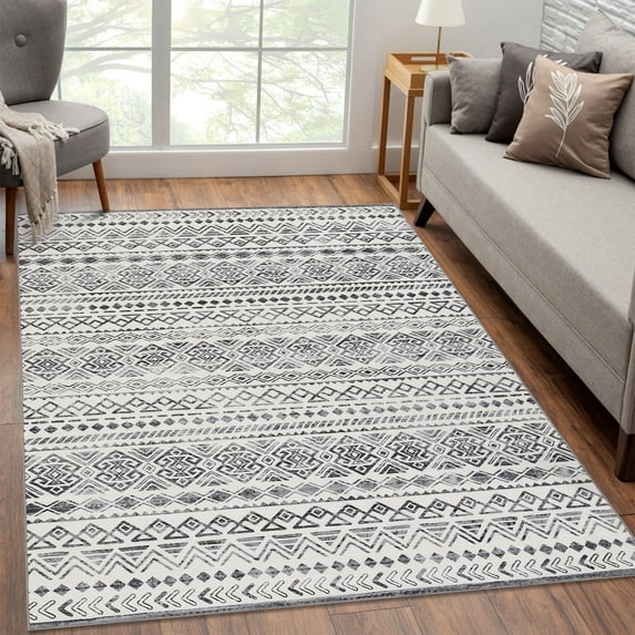 Hasoo Modern Area Rug 9' x 12' Geometric Large Rug Moroccan Living Room Rug Non-Slip Non-Shedding Print Floor Carpet Soft Abstract Carpet, Gray