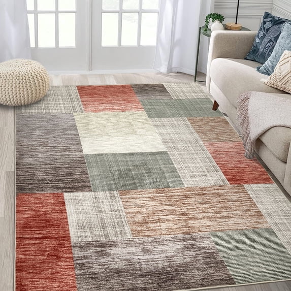 Hasoo Modern Boho Chic Area Rug Machine Washable Geometric Tile Trellis Pattern Carpet for Living Room , Peach, 5 x 7 feet