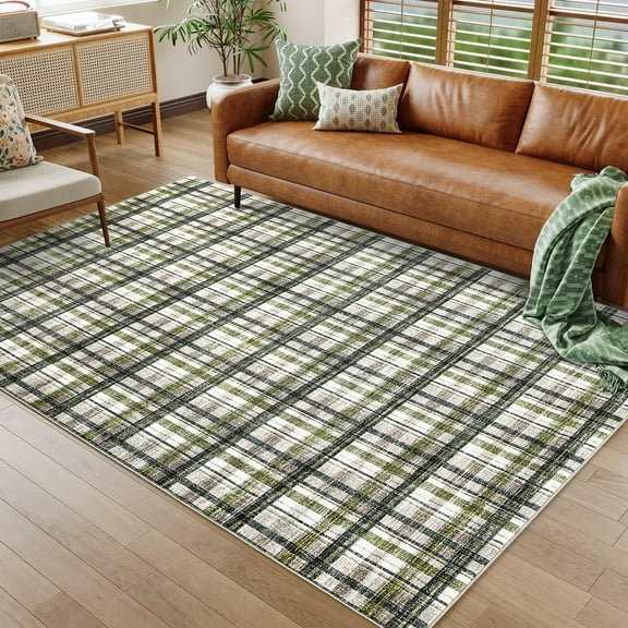 Hasoo Modern Checkered Pattern Indoor Green Area Rug for Dining Room Washable 8' x 10' Bedroom Carpet